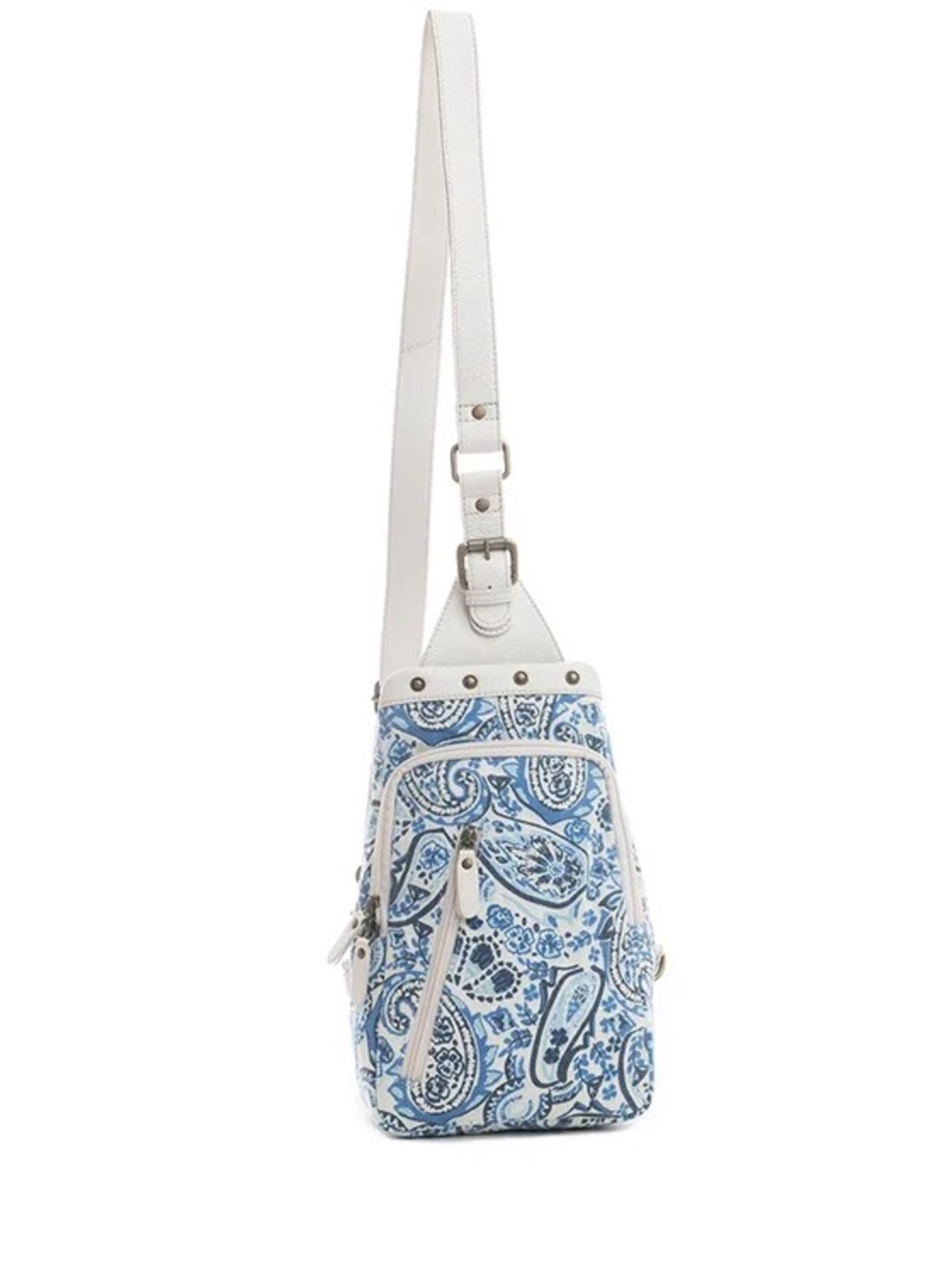 White & Blue Paisley Sling Bag With White Leather